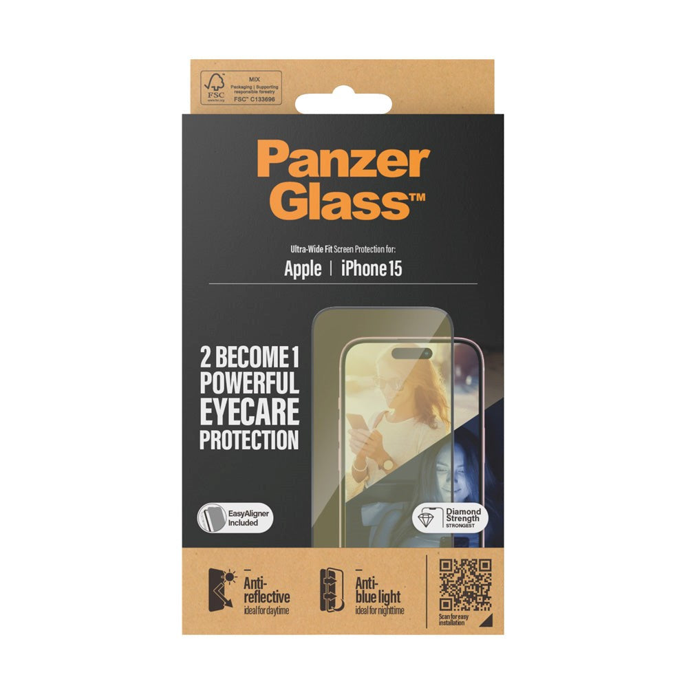 iPhone 15 PanzerGlass Ultra Wide Fit Screen Protector w. EasyAligner - Anti-Reflective - Anti-Blue Light - Diamond Strength - Transparent / Black Edge