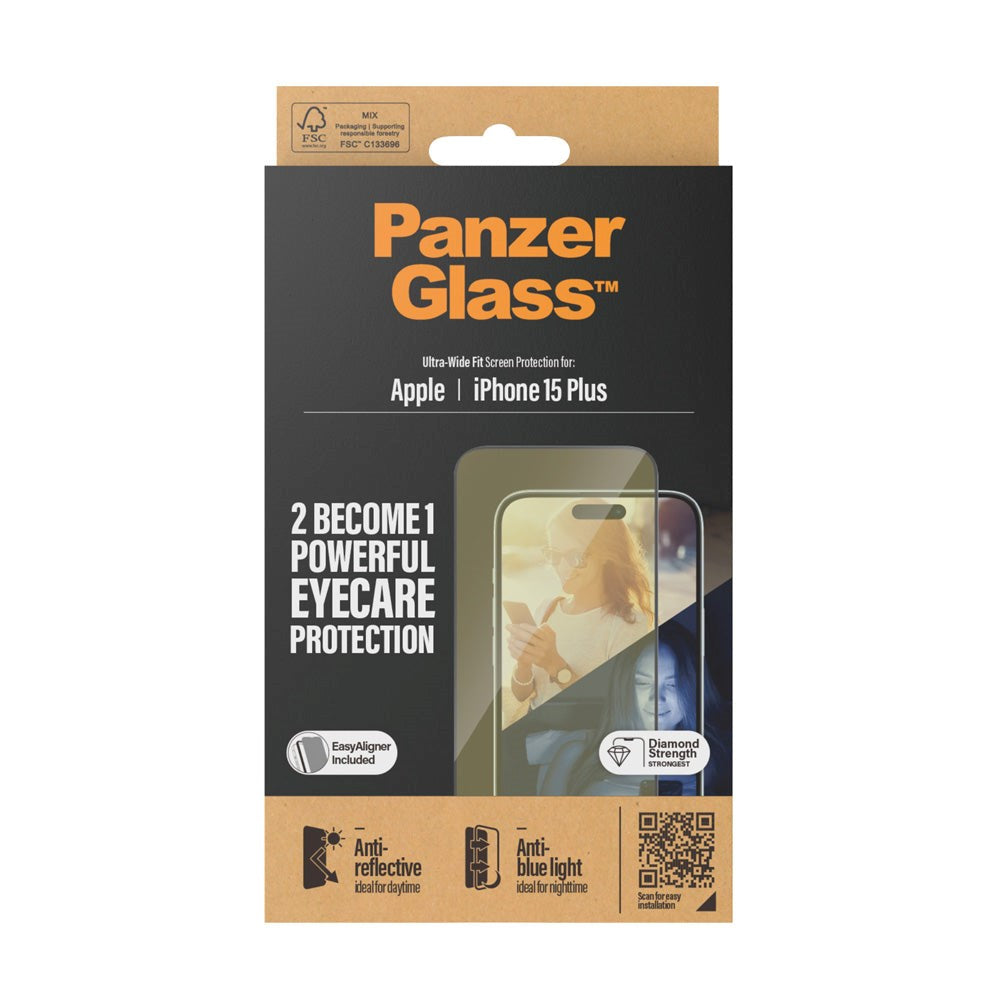 iPhone 15 Plus PanzerGlass Ultra Wide Fit Screen Protector w. EasyAligner - Anti-Reflective - Anti-Blue Light - Diamond Strength - Transparent / Black Edge