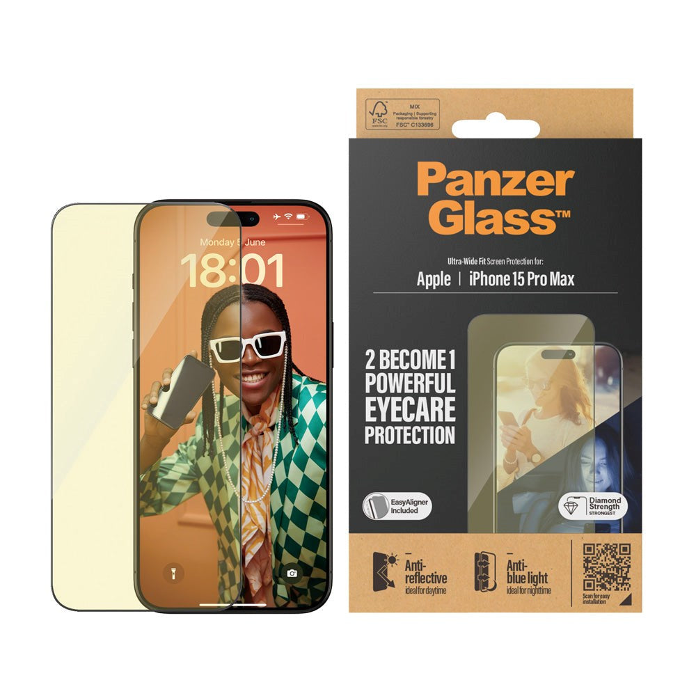 iPhone 15 Pro Max PanzerGlass Ultra Wide Fit Screen Protector w. EasyAligner - Anti-Reflective - Anti-Blue Light - Diamond Strength - Transparent / Black Edge