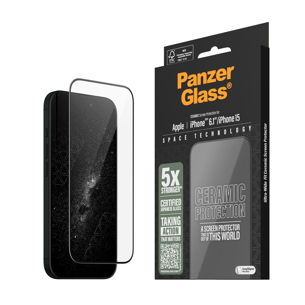 iPhone 16 PanzerGlass Ultra Wide Fit Ceramic Screen Protector w. EasyAligner - Black Edge