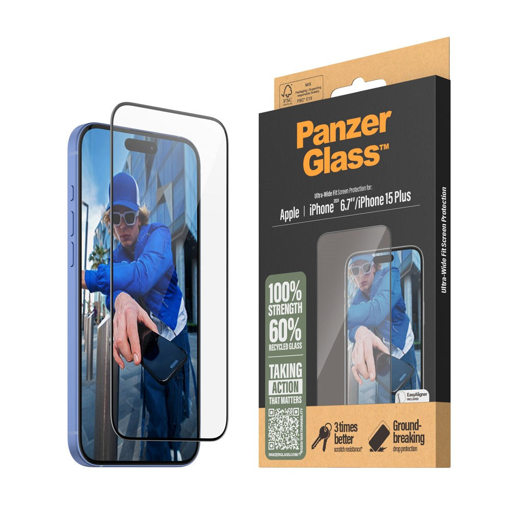 iPhone 16 Plus PanzerGlass Ultra Wide Fit Screen Protector w. EasyAligner - Diamond Strength - Transparent / Black Edge