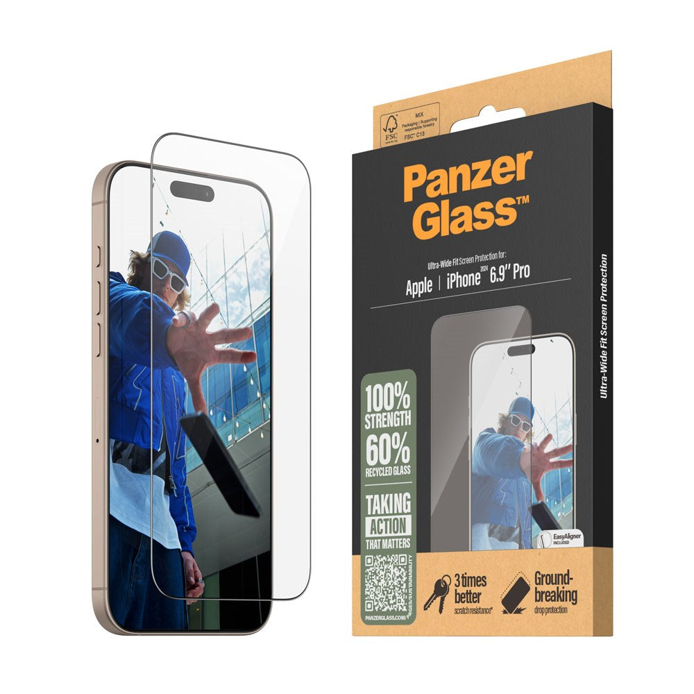 iPhone 16 Pro Max PanzerGlass Ultra Wide Fit Screen Protector w. EasyAligner - Diamond Strength - Transparent / Black Edge