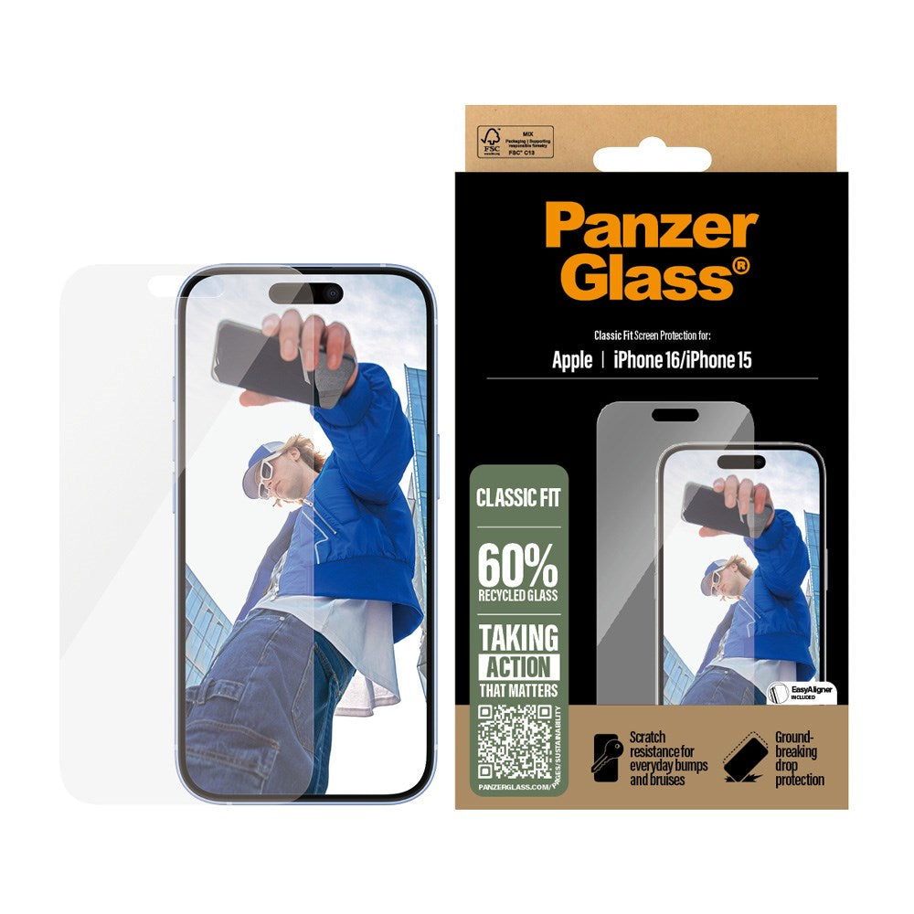 iPhone 16 PanzerGlass Classic Fit Screen Protector w. EasyAligner - Platinum Strength - Transparent