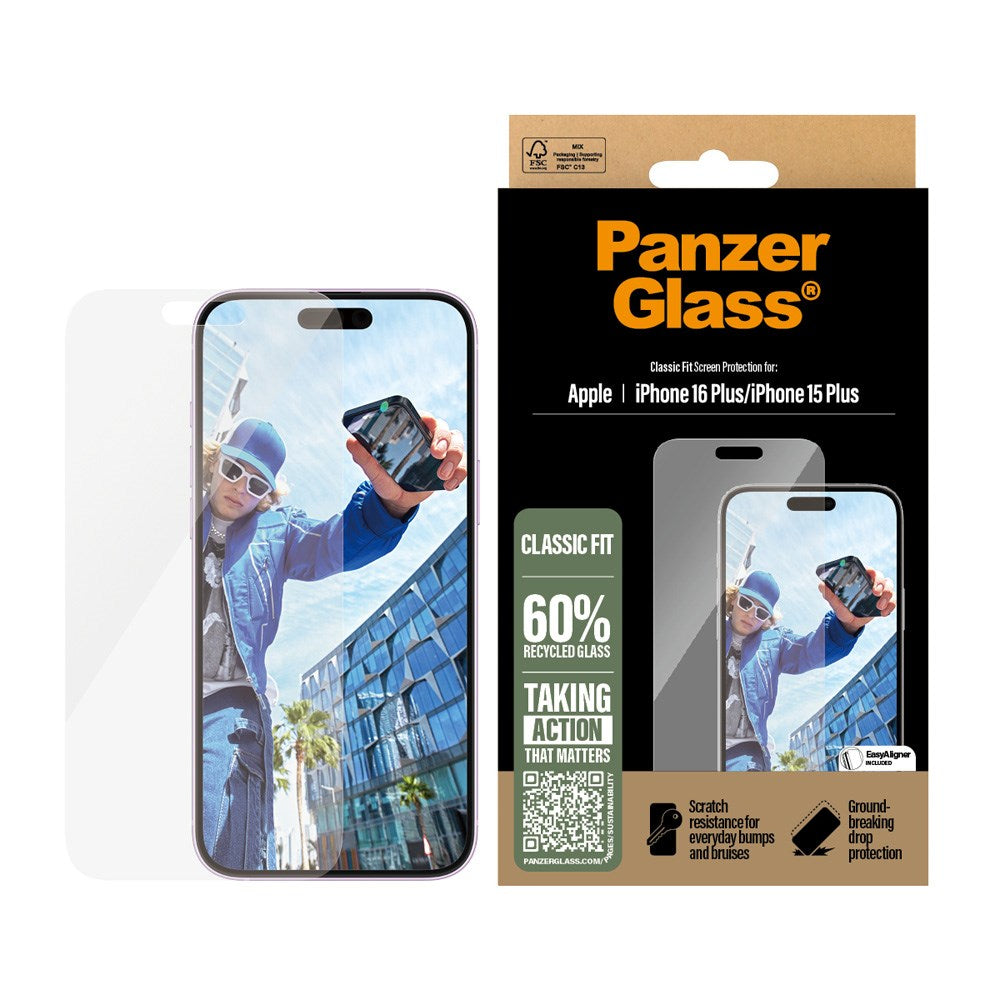 iPhone 16 Plus PanzerGlass Classic Fit Screen Protector w. EasyAligner - Platinum Strength - Transparent