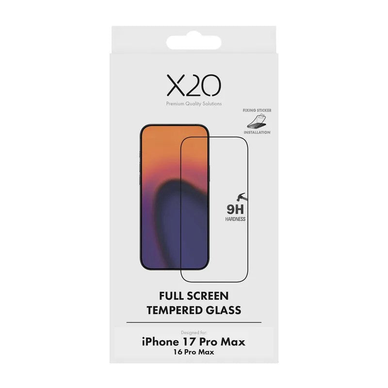 iPhone 18 Pro Max / 17 Pro Max / 16 Pro Max X2O Full Screen Tempered Glass Screen Protector - Transparent / Black Edge