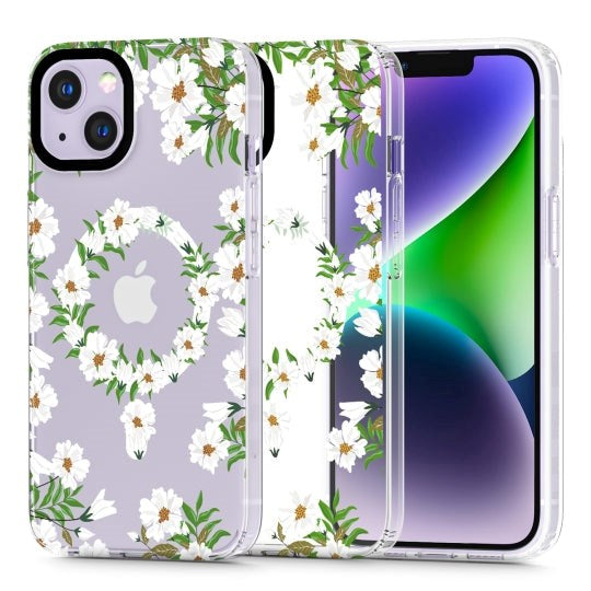 iPhone 14 Tech-Protect MagMood Case  - MagSafe Compatible - White Daisy