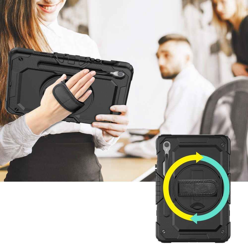 Samsung Galaxy Tab S9 Tech-Protect Solid360 Tough Case w. Protective Film, Hand Holder & Shoulder Strap - Black