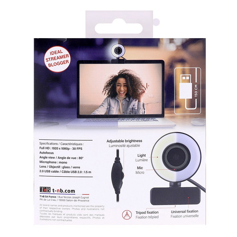 T'NB USB Webcam 1080p 30fps w. Ring Light & Microphone - Black