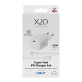 X2O 20W Wall Charger with 1x USB-C & 1x USB-C Cable – 1.2m – White