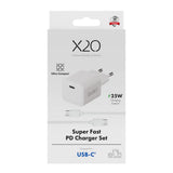 X2O 25W Wall Charger with 1x USB-C & 1x USB-C Cable - 1.2m - White