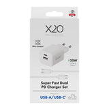 X2O 35W Wall Charger w. 1x USB-A / 1x USB-C / 1x USB-C Cable - 1.2m - White