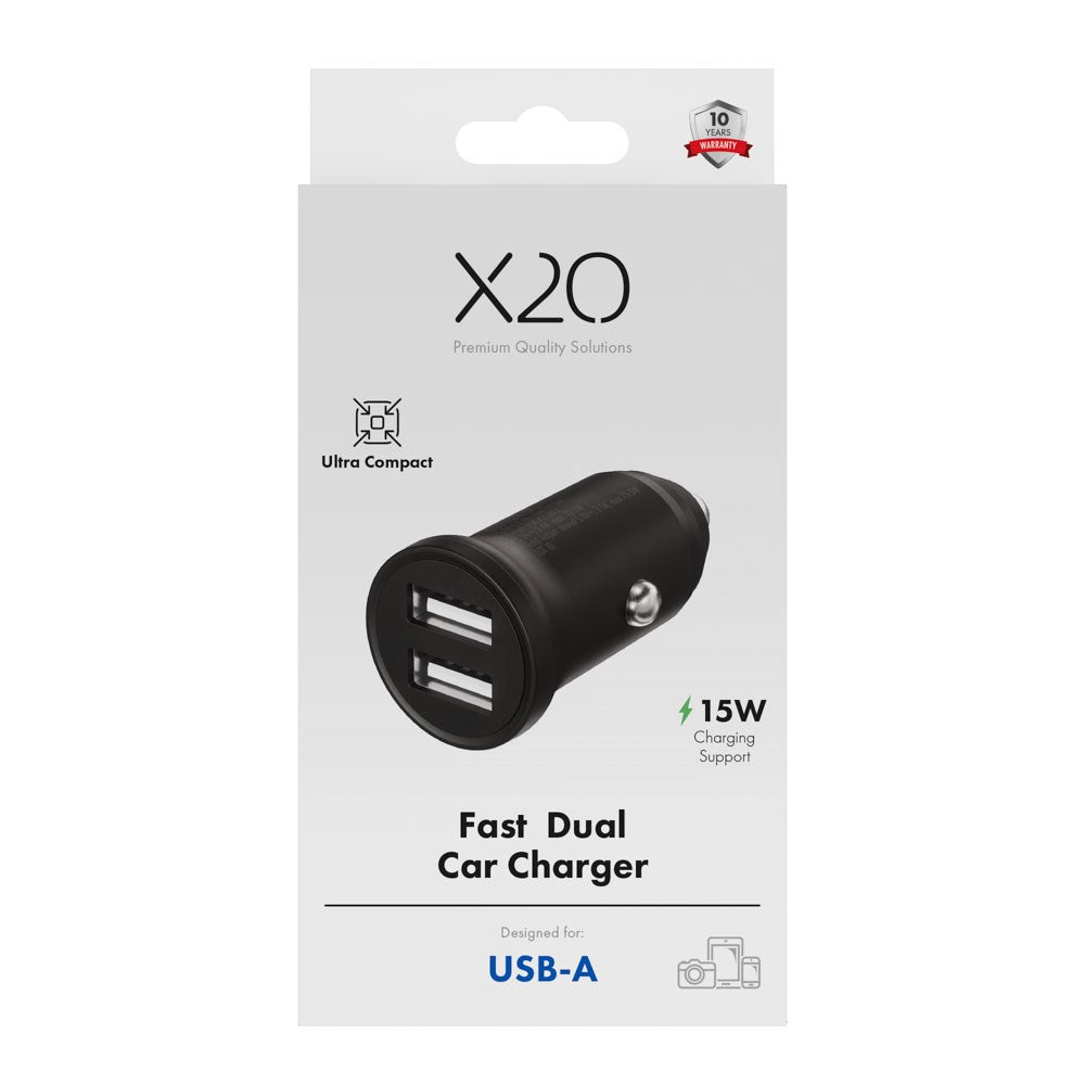 X2O 12W Dual Car Charger USB-A - Black