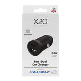 X2O 30W Dual Car Charger USB-A & USB-C - Black
