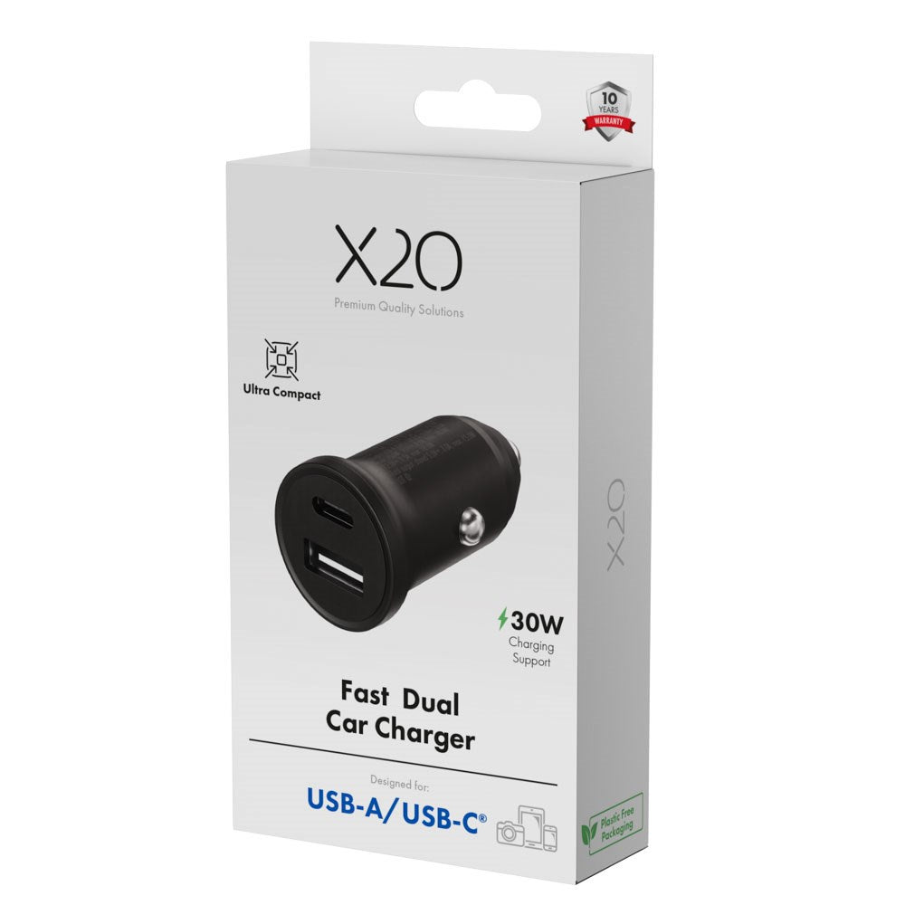 X2O 30W Dual Car Charger USB-A & USB-C - Black