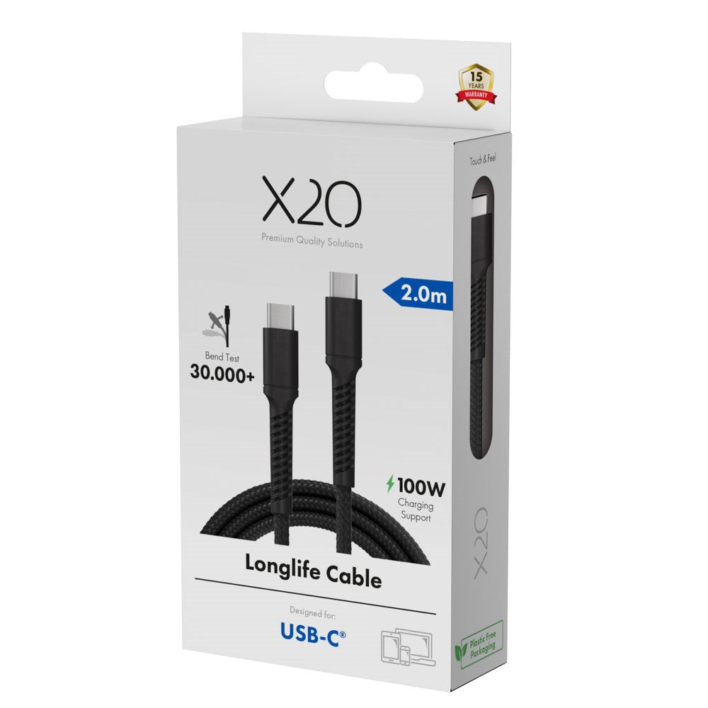 X2O Longlife 100W USB-C to USB-C Cable - 2m - Black