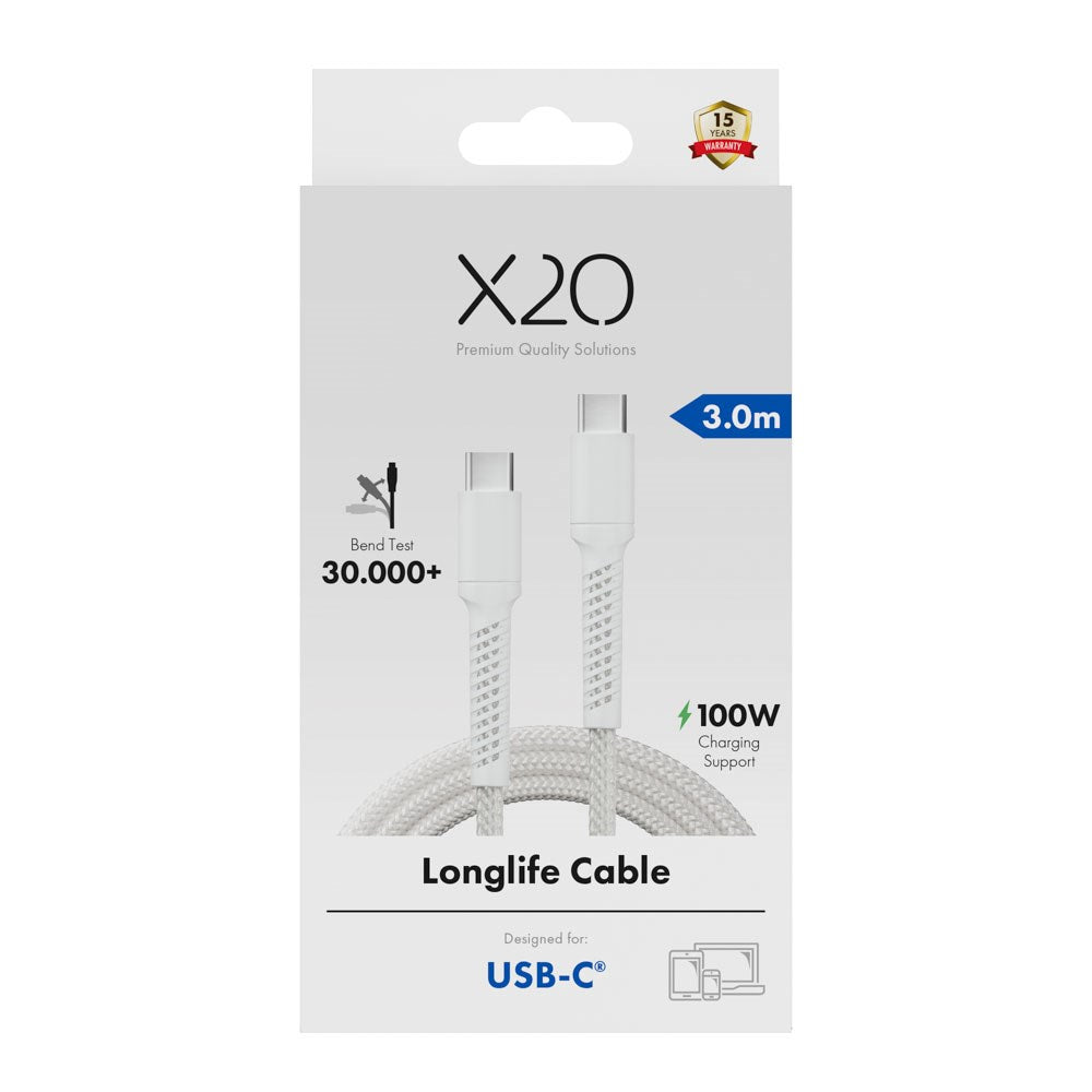 X2O Longlife 100W USB-C to USB-C Cable - 3m - White