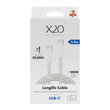 X2O Longlife 100W USB-C to USB-C Cable - 3m - White