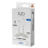 X2O Longlife 100W USB-C to USB-C Cable - 3m - White