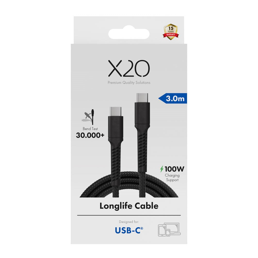X2O Longlife 100W USB-C to USB-C Cable - 3m - Black