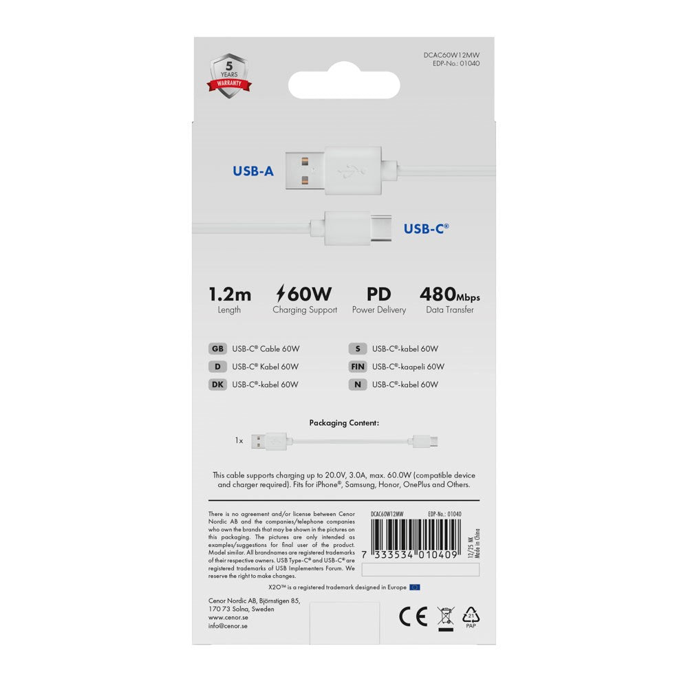 X2O Basic 60W USB-A to USB-C Cable - 1.2m - White