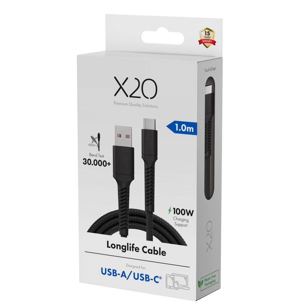 X2O Longlife 60W USB-A to USB-C Cable - 1m - Black