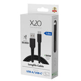 X2O Longlife 60W USB-A to USB-C Cable - 1m - Black
