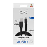 X2O Longlife 60W USB-A to USB-C Cable - 2m - Black