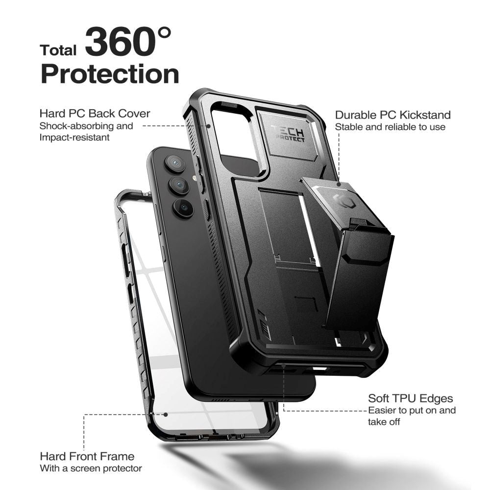 Samsung Galaxy A34 (5G) Tech-Protect Kevlar Pro Hard Plastic Case w. Screen Protector & Kickstand - Black