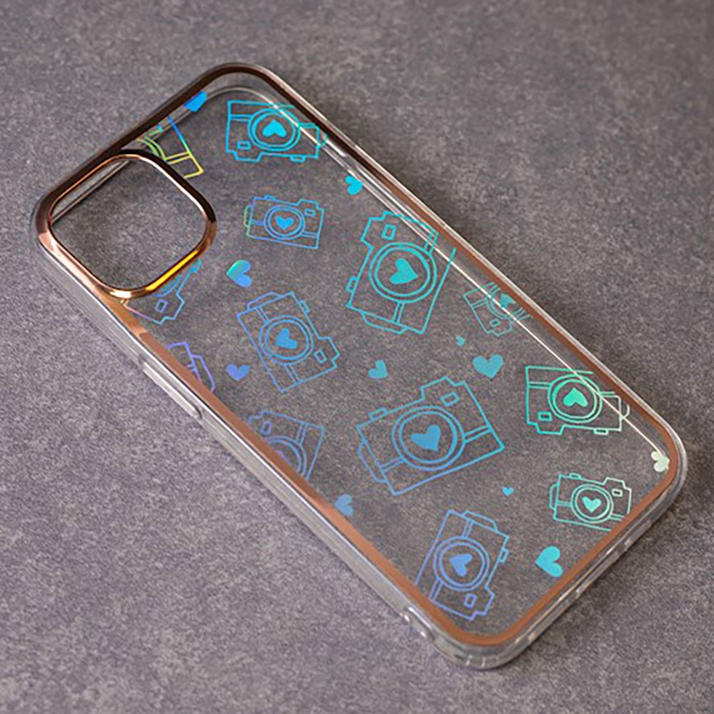 iPhone 13 Pro Hybrid Plastic Case w. Holographic Print - Camera Motif - Transparent