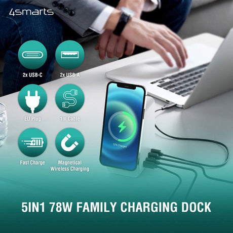 4Smarts UltiMag DeskTower 5-in-1 Charging Station 78W 2 x USB-C / 2x USB-A w. Wireless Charger (15W) - White