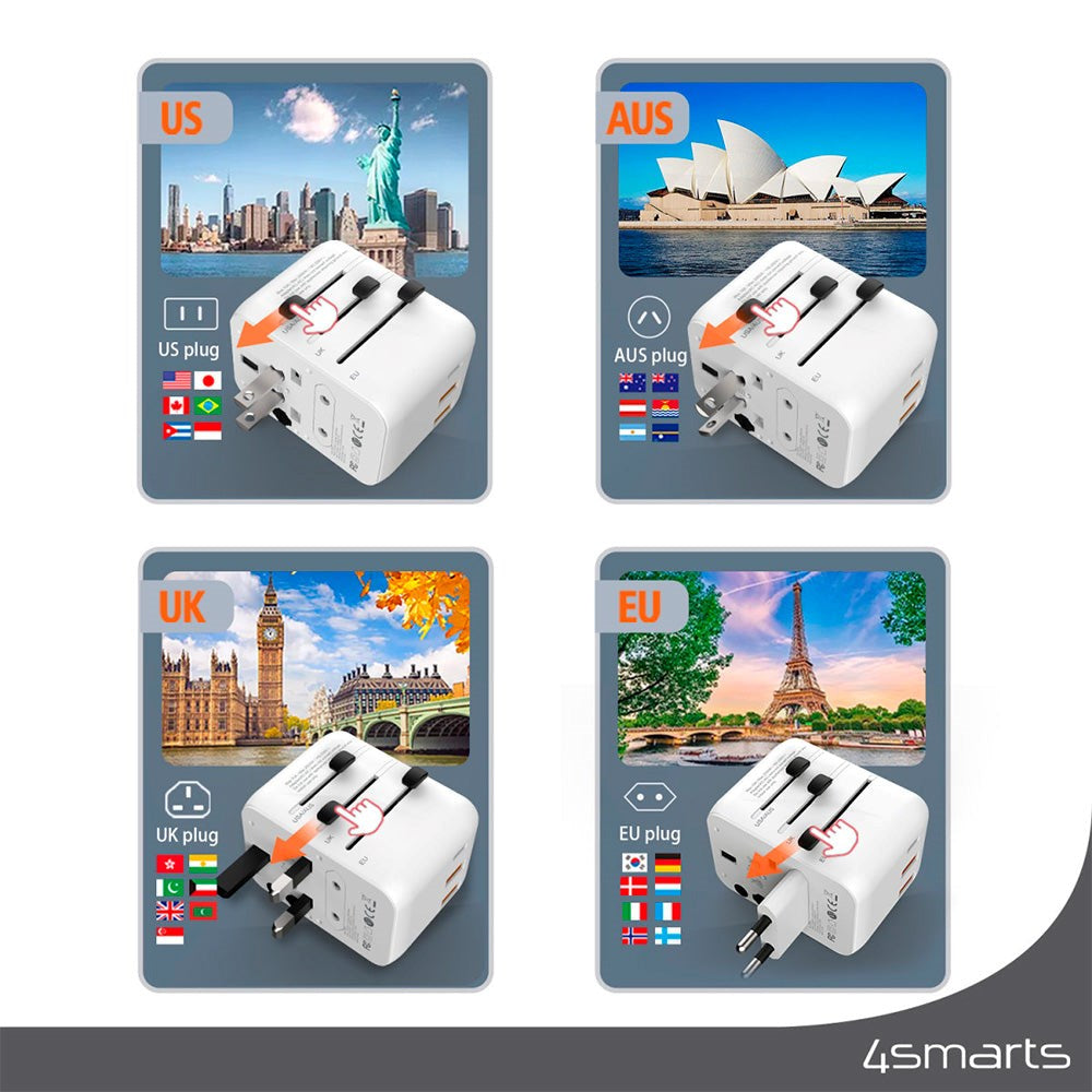 4smarts World Travel Adapter w. 2 x USB-A, 1 x USB-C & 1 x AC Plug - White