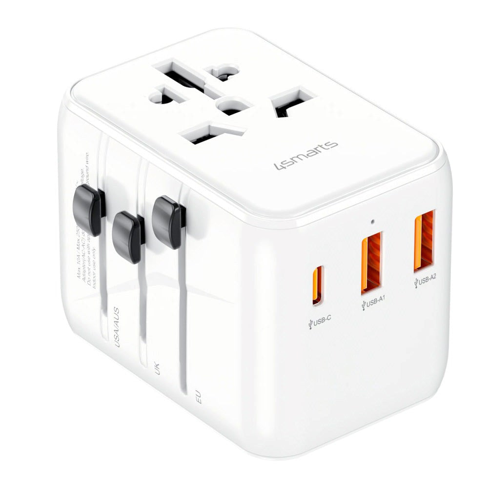 4smarts World Travel Adapter w. 2 x USB-A, 1 x USB-C & 1 x AC Plug - White