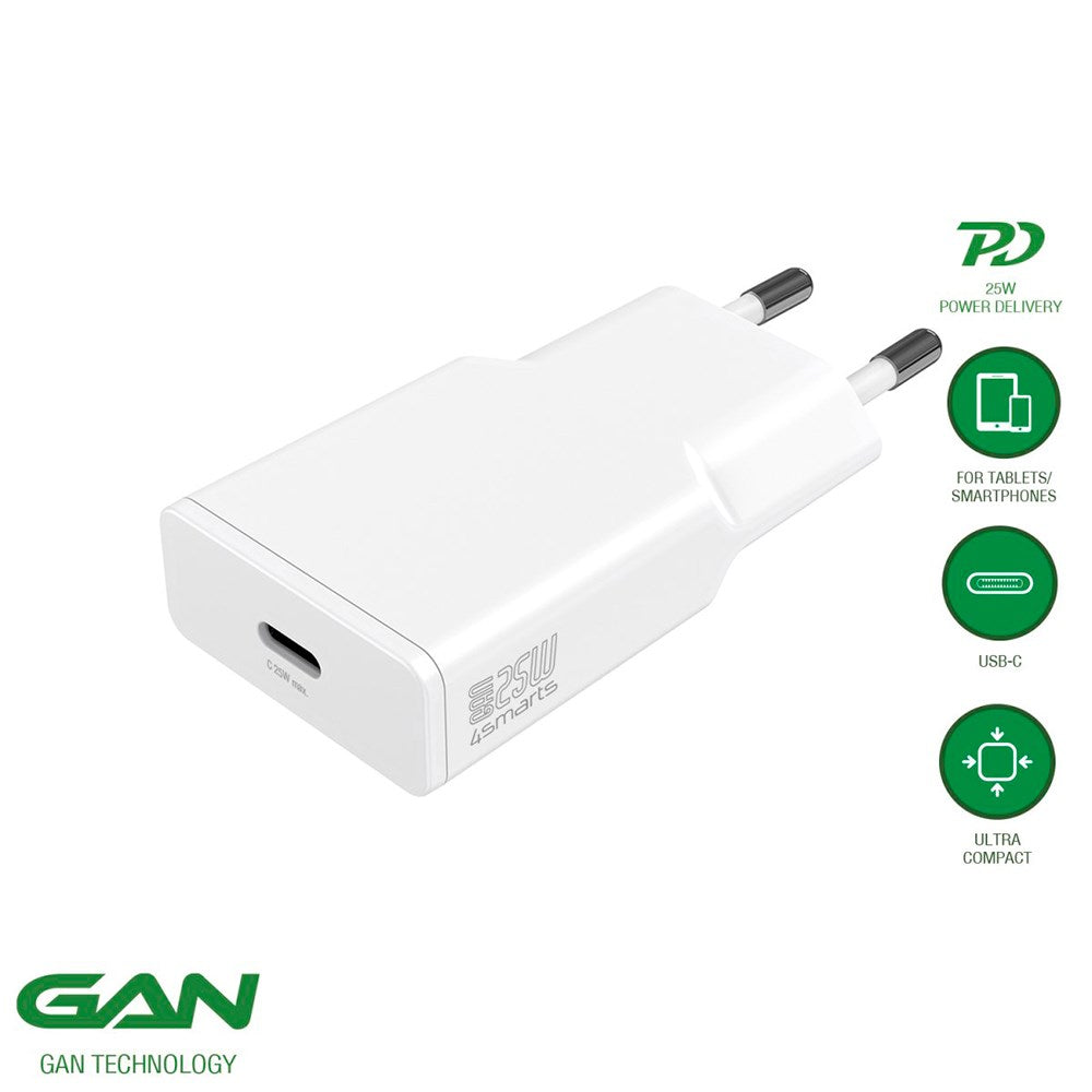 4Smarts PD Slim Wall Charger GaN 25W w. USB-C - White