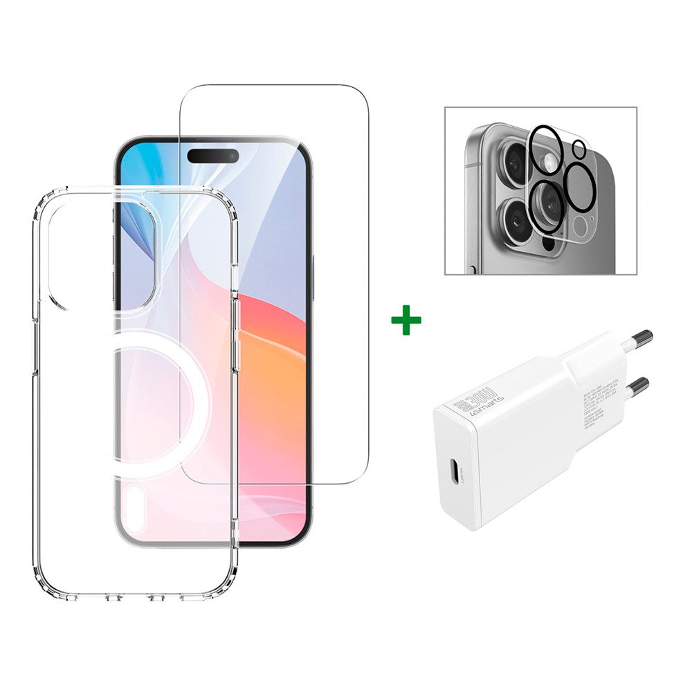 iPhone 16 Pro 4smarts Premium Starter Set - MagSafe Case, Screen and Lens Protection & 30W Wall Charger - Transparent / White