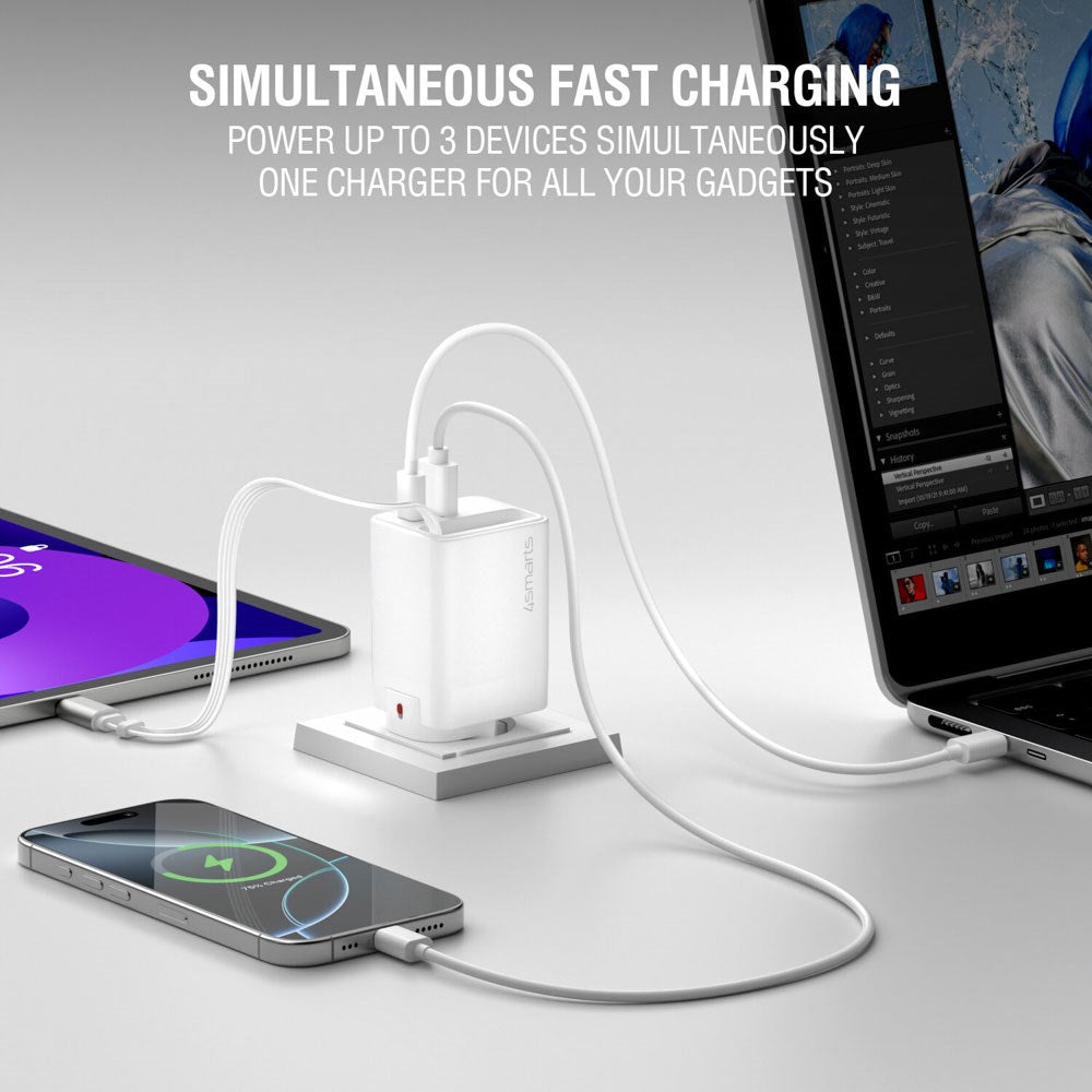 4smarts 65W Flex Jojo Wall Charger with EU / US plug  - 1 x USB-A - 1 x USB-C - 1 x USB-C Kabel - White