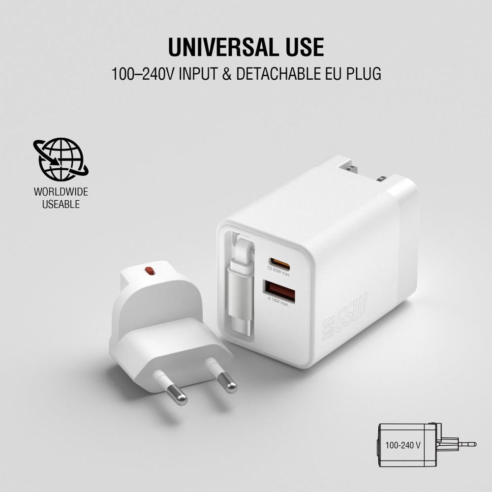 4smarts 65W Flex Jojo Wall Charger with EU / US plug  - 1 x USB-A - 1 x USB-C - 1 x USB-C Kabel - White