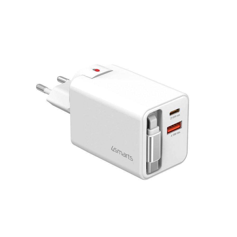 4smarts 65W Flex Jojo Wall Charger with EU / US plug  - 1 x USB-A - 1 x USB-C - 1 x USB-C Kabel - White