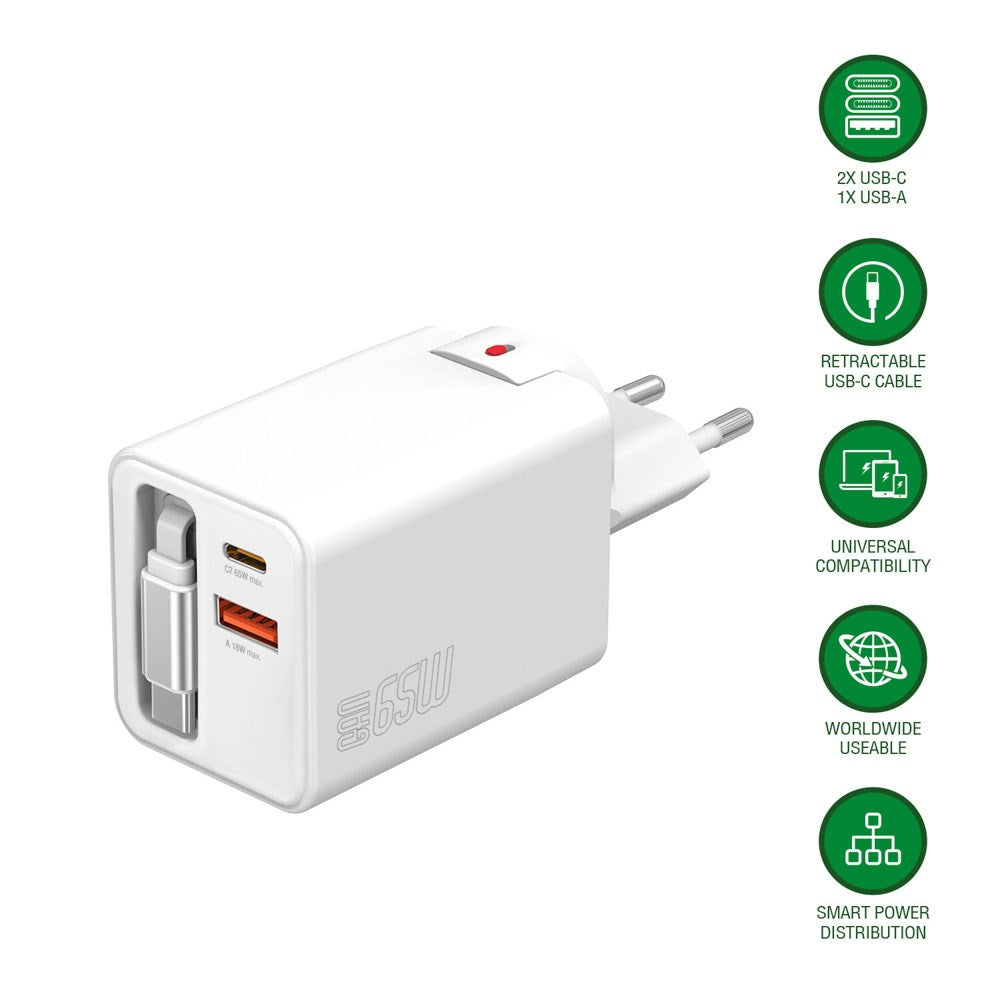 4smarts 65W Flex Jojo Wall Charger with EU / US plug  - 1 x USB-A - 1 x USB-C - 1 x USB-C Kabel - White