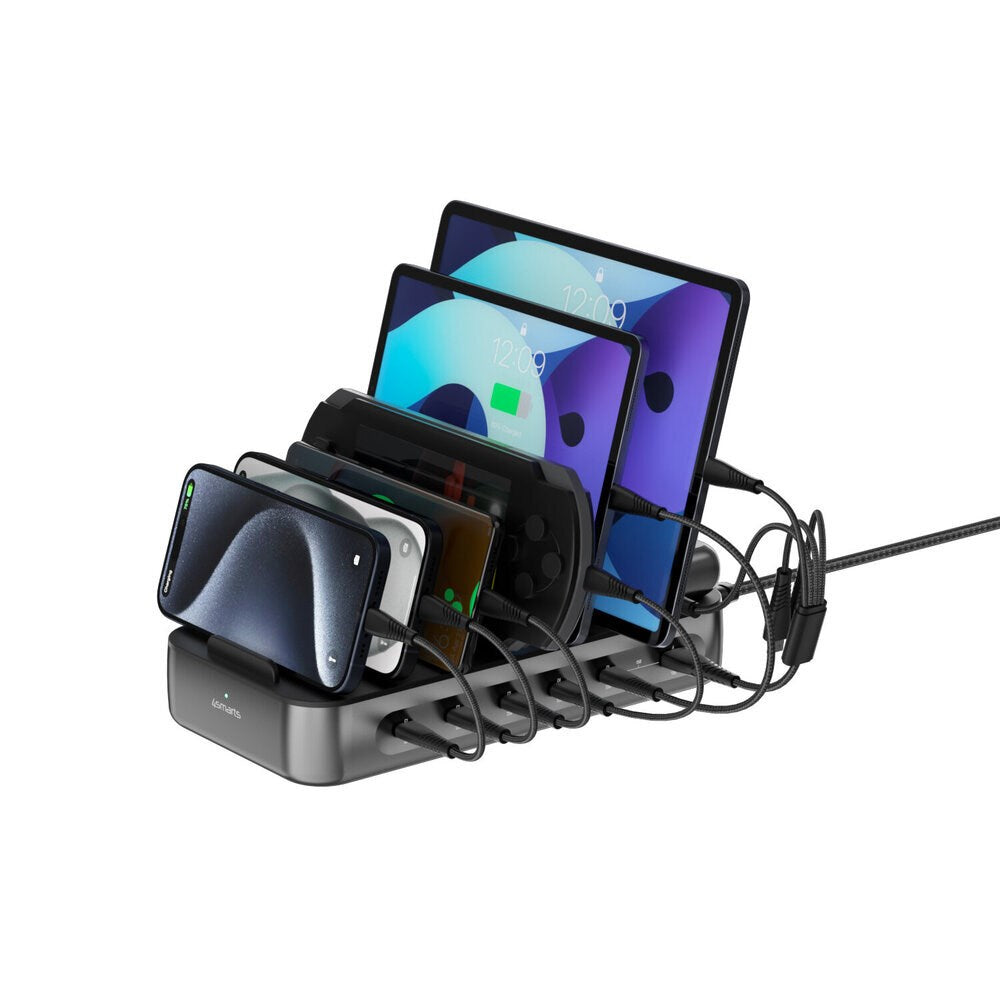 4smarts Charging Station with 9 Charging Options - 5x USB-C Cable & 1x 4-in-1 Multi Cable - 100W - Black