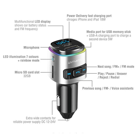 4smarts Media & Assist 2 - Car charger w. USB-C (PD) / USB-A & Bluetooth FM Transmitter - Silver