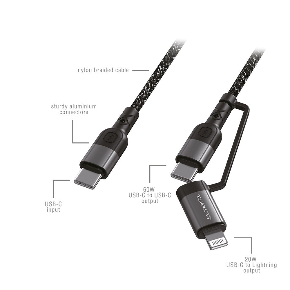 4smarts ComboCord USB-C to USB-C or Lightning Cable PD 60W - 1.5w. - Black