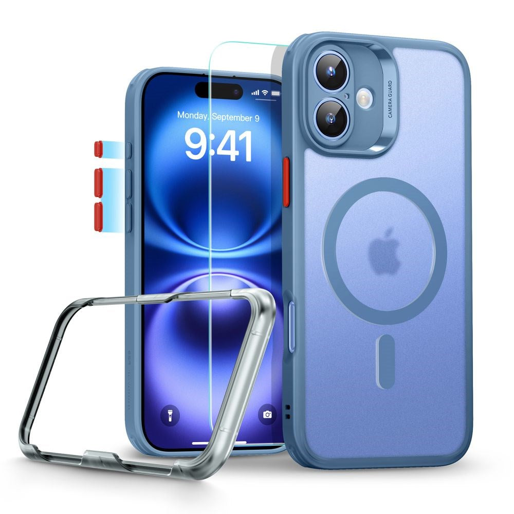 iPhone 16 ESR Classic Pro Set HaloLock with Back Case & Screen Protector Glass – MagSafe Compatible – Matte Blue