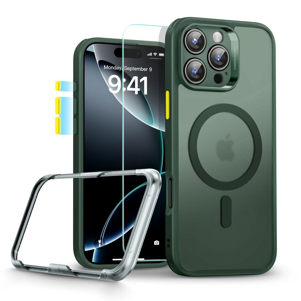 iPhone 16 Pro Max ESR Classic Pro Set HaloLock with Back Case & Screen Protector Glass – MagSafe Compatible – Matte Green