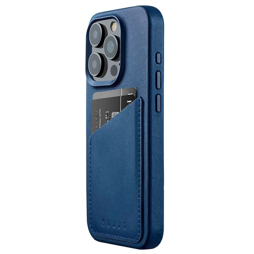 Mujjo iPhone 15 Pro Leather Wallet Case - MagSafe Compatible - Blue