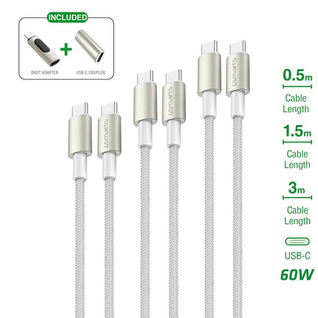 4smarts USB-C til USB-C 60W PremiumCord - 3x USB-C to USB-C Cable with USB-C Adapter & Extender - White