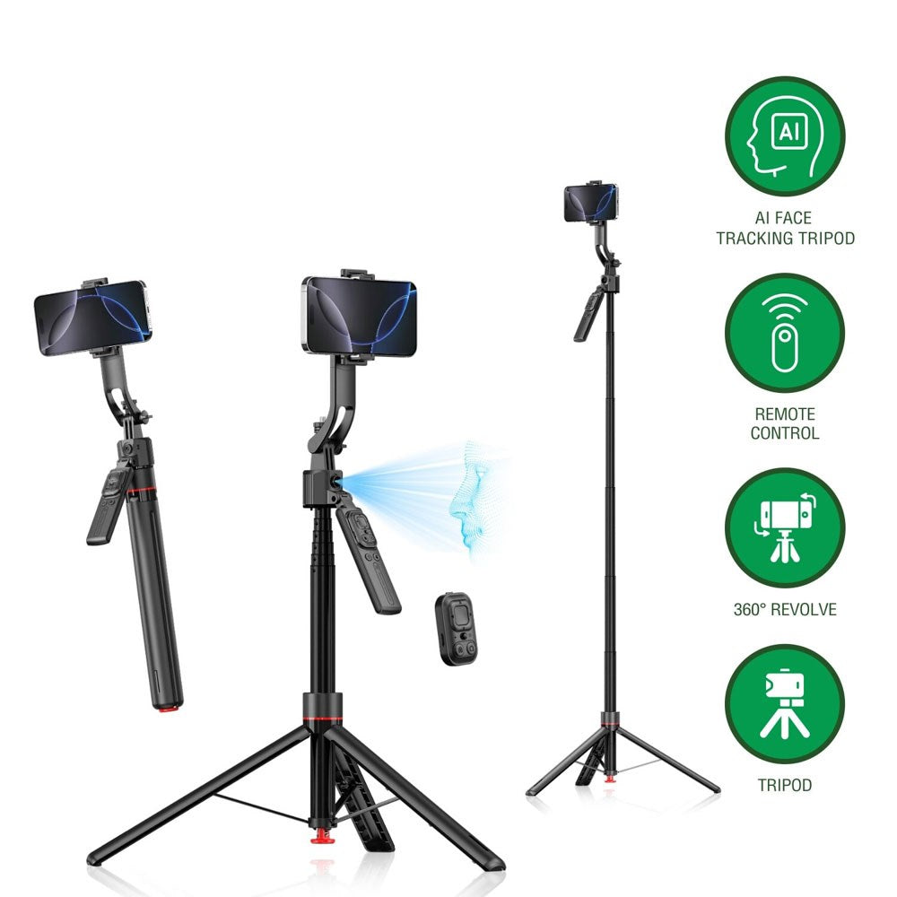 4smarts 360 AI Tripod Selfie Stick with Face Tracking & Remote Control - Black