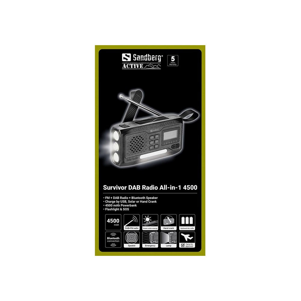 Sandberg Active Survivor Emergency Radio with 4500mAh Solar Powerbank & DAB / FM Radio - Black