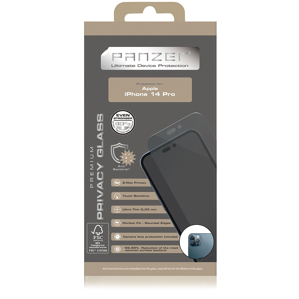 iPhone 14 Pro PANZER Screen Protection Glass Premium - Privacy Glass - Anti-bacterial - Incl. Camera Protection