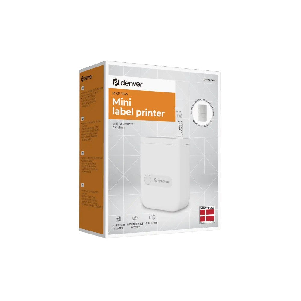 Denver MBP-16 Mini Bluetooth Thermal Printer with 4x Thermal Sticker Paper - White
