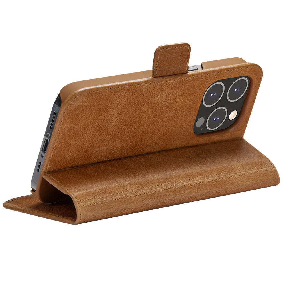 iPhone 14 Pro Max dbramante1928 Copenhagen Genuine Leather Magnet Flip Case - Tan